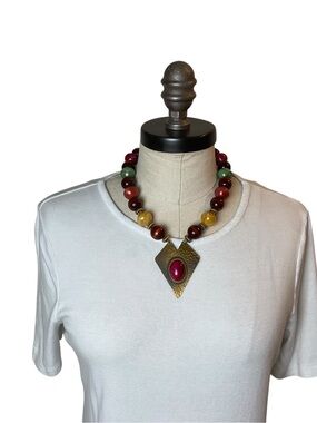 Bold Multicolor Beaded Statement Necklace with Gold Pendant